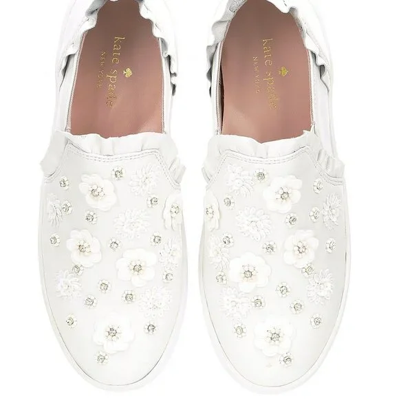 Kate Spade NEW Sneakers Embellished Leather Slip-on White Women's 9.5 NIB - Picture 3 of 17